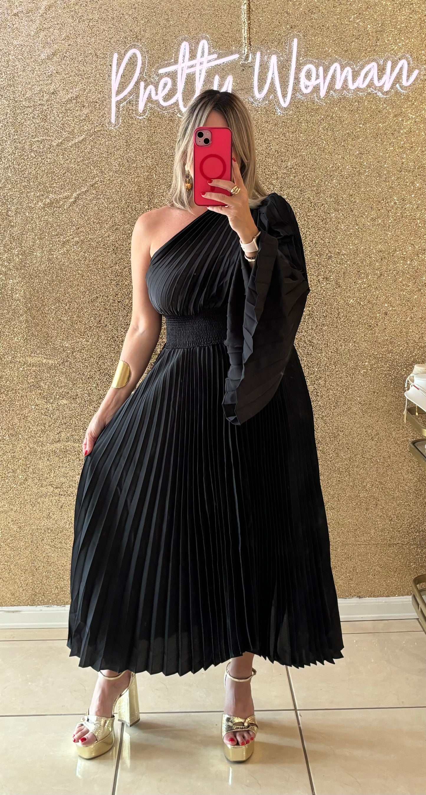 Emma Black Pleated Midi Dress