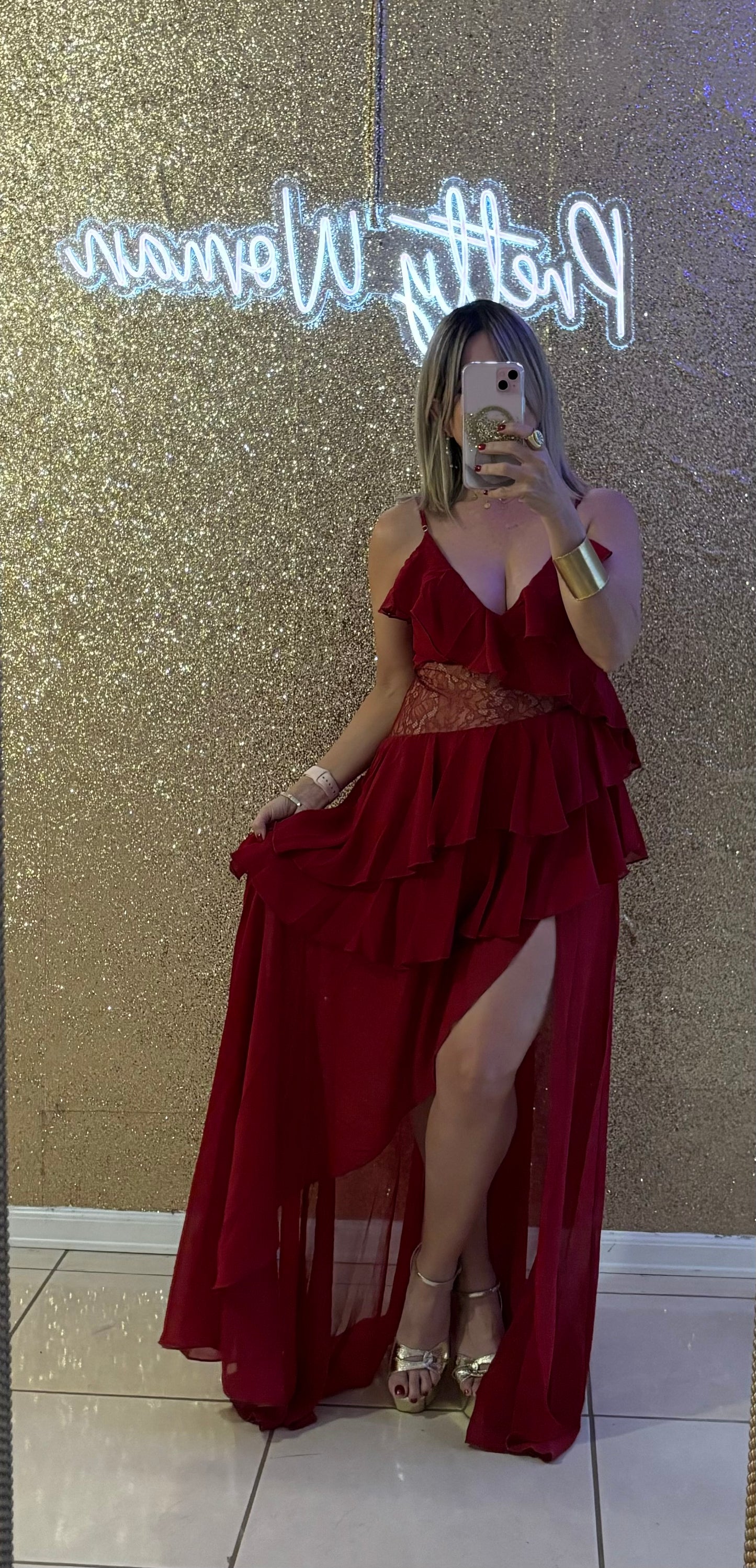 Ximena Wine Lace Ruffle Dress