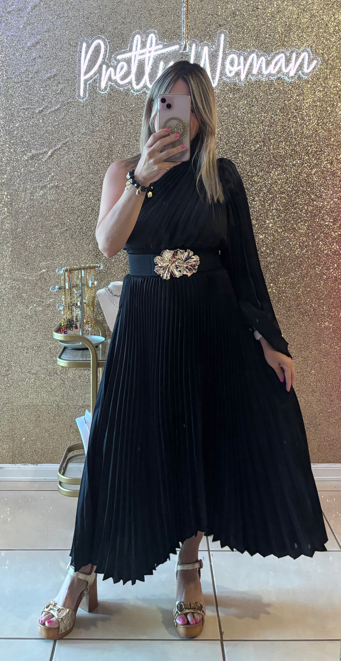 Emma Black Pleated Midi Dress