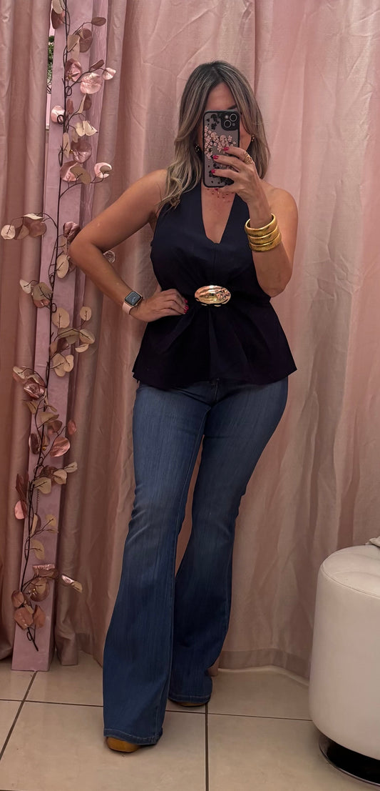 Paula Navy Peplum Halter Rop