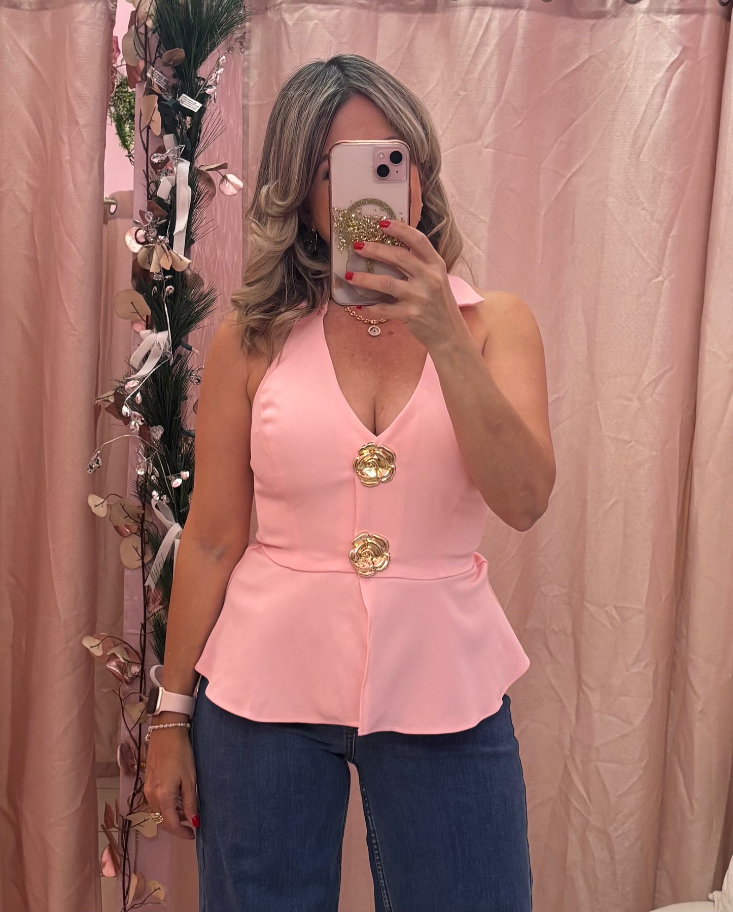 Daniela Pink Vest Peplum Top